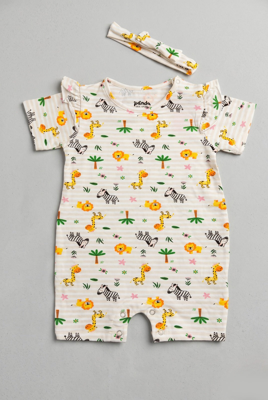 Cream Stripes Lion Jungle Print With Band Half Body Romper For Girls