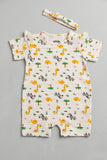 Cream Stripes Lion Jungle Print With Band Half Body Romper For Girls