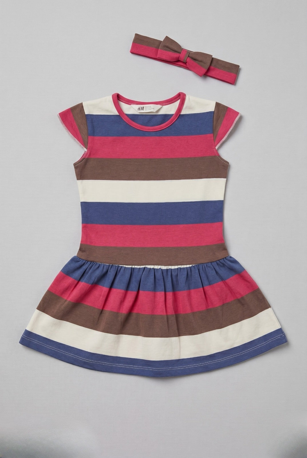 Brown White Blue Stripes With Hair Band Frock For Girls Main image