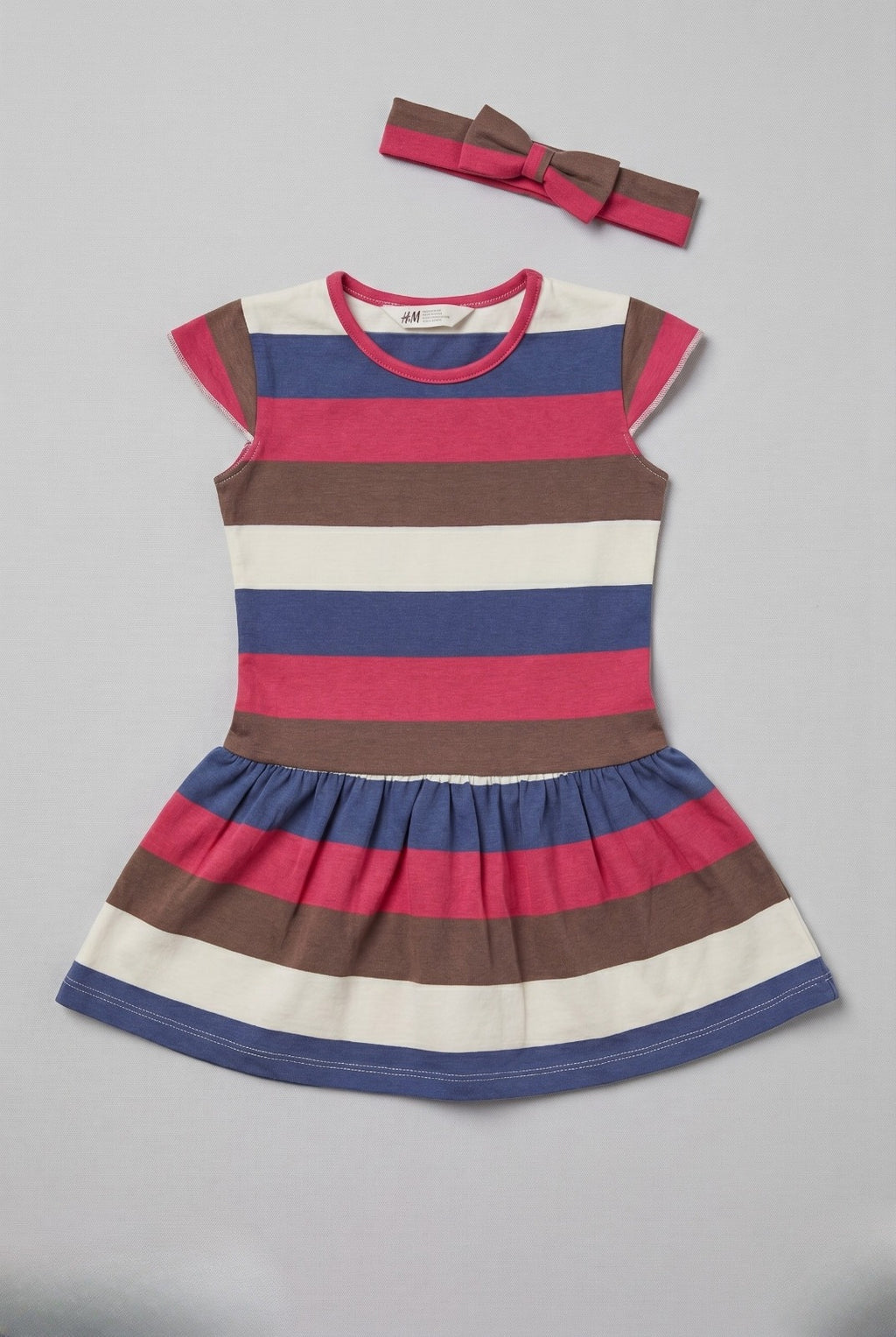 Brown White Blue Stripes With Hair Band Frock For Girls