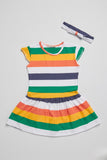 Green Yellow Pink Stripes With Hair Band Frock For Girls