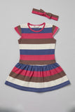 Brown White Blue Stripes With Hair Band Frock For Girls