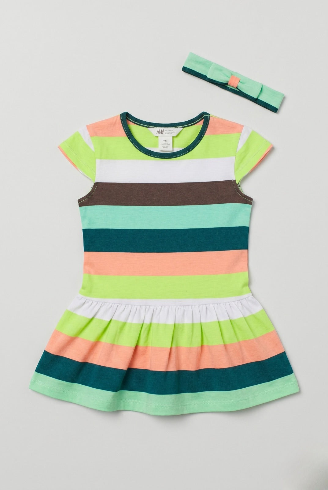 White Green Grey Stripes With Hair Band Frock For Girls