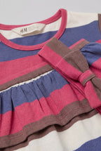 Brown White Blue Stripes With Hair Band Frock For Girls