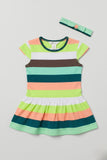 White Green Grey Stripes With Hair Band Frock For Girls