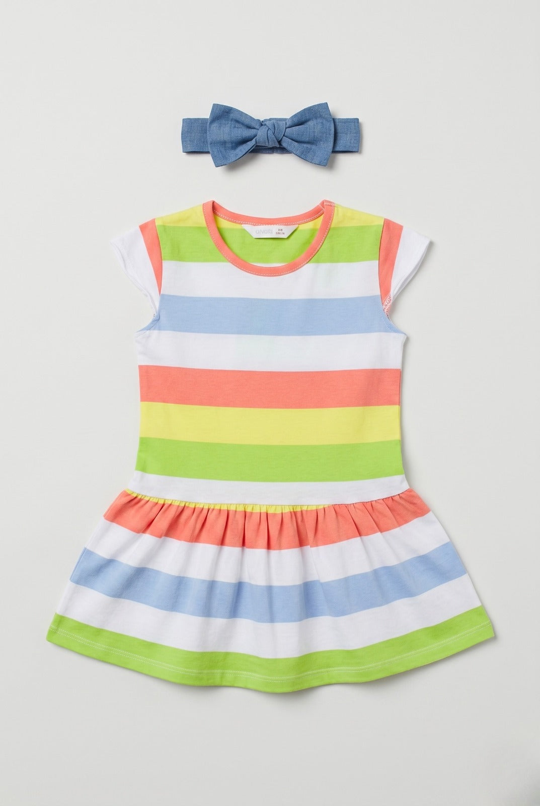 Blue White Peach Stripes With Hair Band Frock For Girls Main image