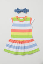 Blue White Peach Stripes With Hair Band Frock For Girls