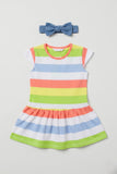 Blue White Peach Stripes With Hair Band Frock For Girls