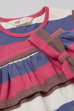 Brown White Blue Stripes With Hair Band Frock For Girls