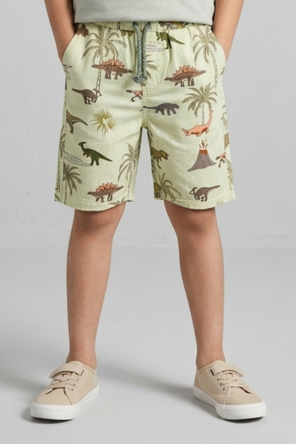 Green Dino Print Cotton Fabric Shorts For Unisex