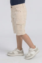 Cream Denim Plain Cargo Pocket Shorts For Unisex