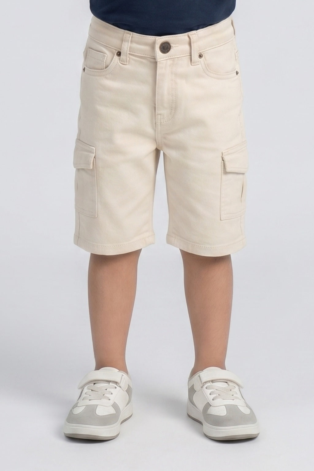 Cream Denim Plain Cargo Pocket Shorts For Unisex