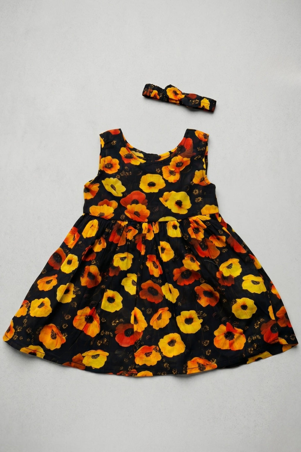 Black Flowers Print With Hair Band Frock For Girls Secondary image