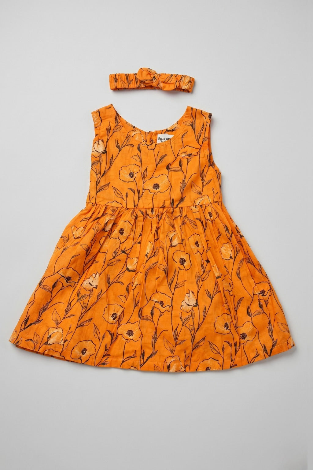 Orange Flowers Print With Hair Band Frock For Girls