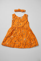 Orange Flowers Print With Hair Band Frock For Girls