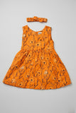 Orange Flowers Print With Hair Band Frock For Girls