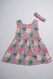 Grey Big Flowers With Hair Band Frock For Girls