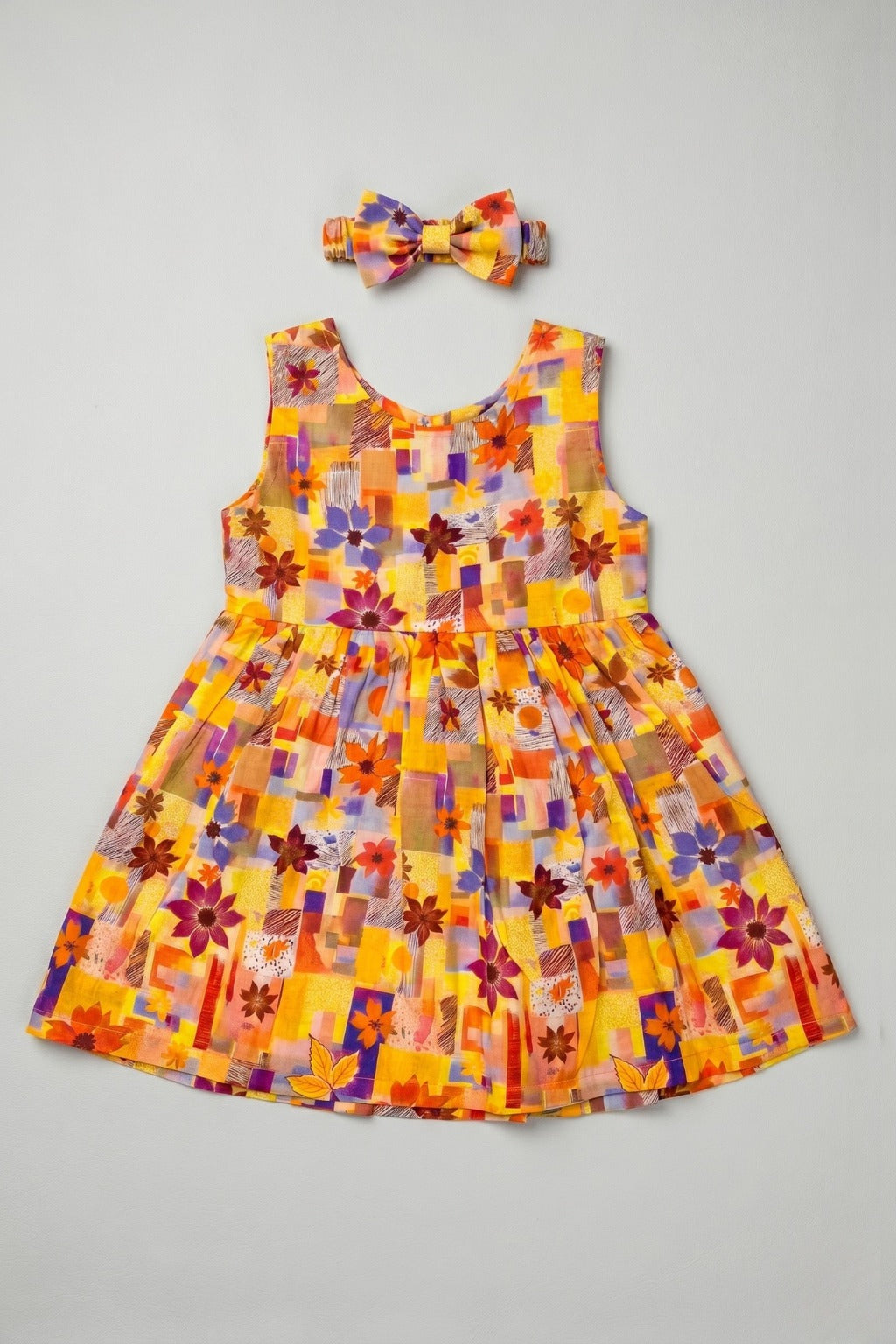 Yellow Sun Flowers With Hair Band Frock For Girls