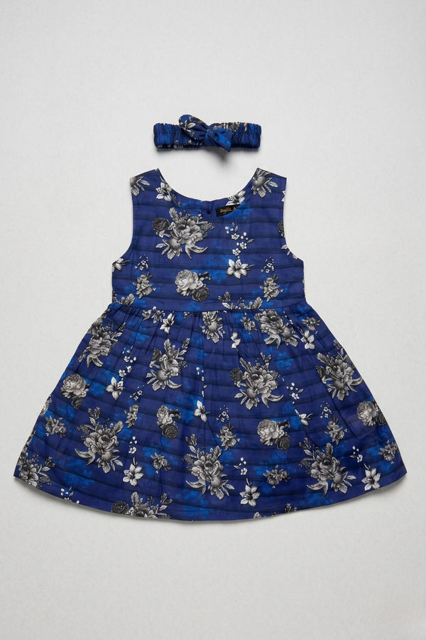 Blue Flowers Print With Hair Band Frock For Girls
