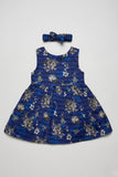 Blue Flowers Print With Hair Band Frock For Girls