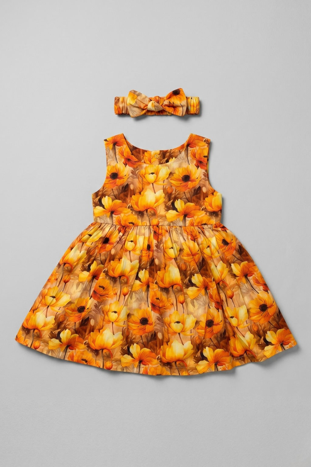 Yellow & Orange Flowers Print With Hair Band Frock For Girls