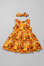 Yellow & Orange Flowers Print With Hair Band Frock For Girls