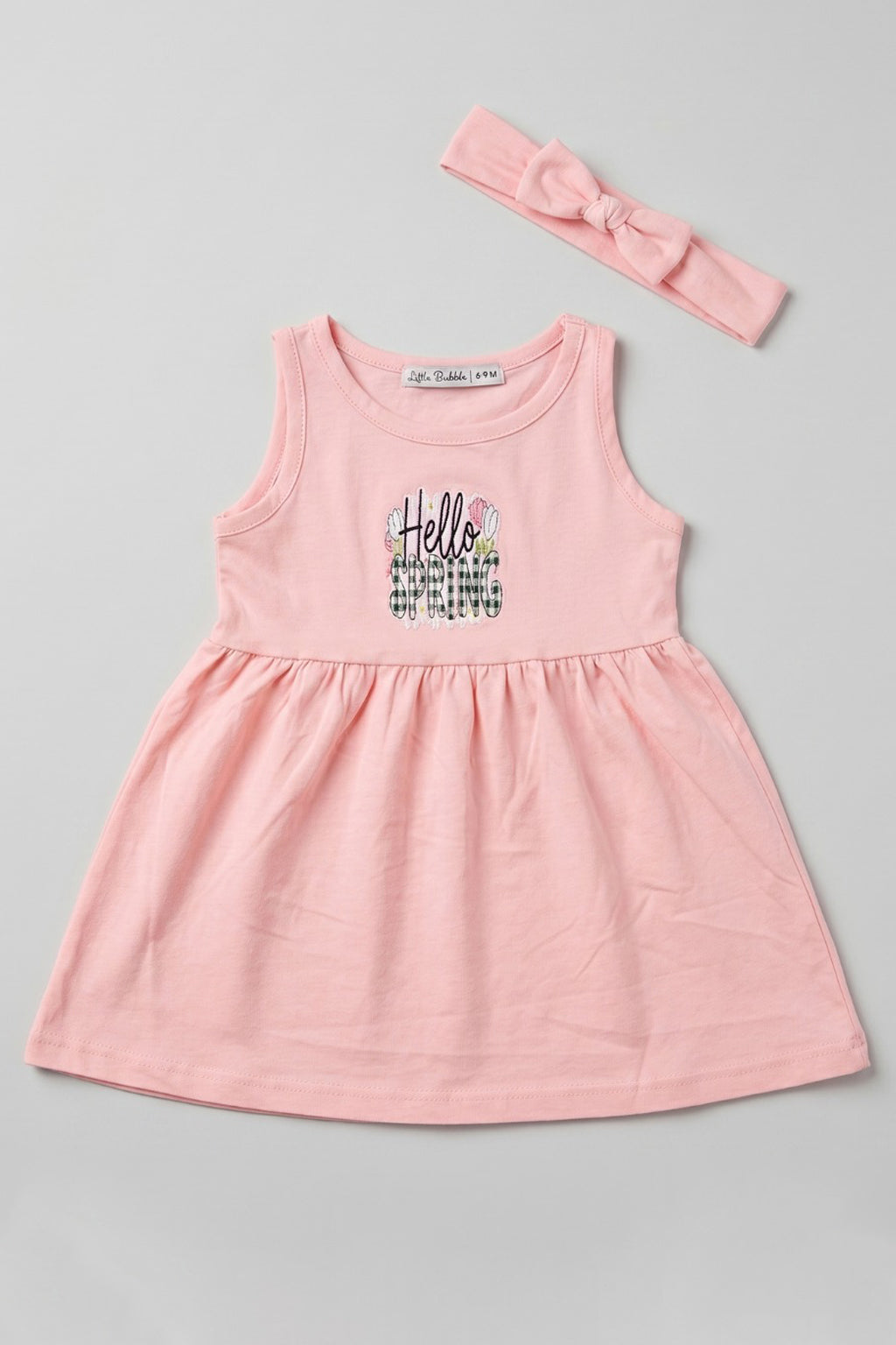 Pink Hello Spring Print With Hair Band Frock For Girls Main image