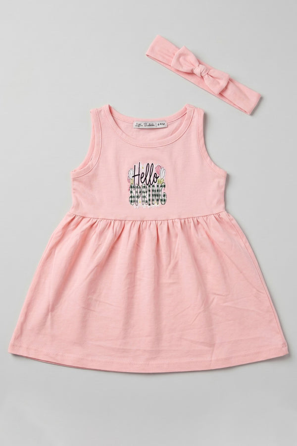 Pink Hello Spring Print With Hair Band Frock For Girls