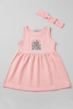 Pink Hello Spring Print With Hair Band Frock For Girls