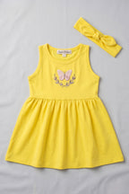 Yellow Butterfly Print With Hair Band Frock For Girls