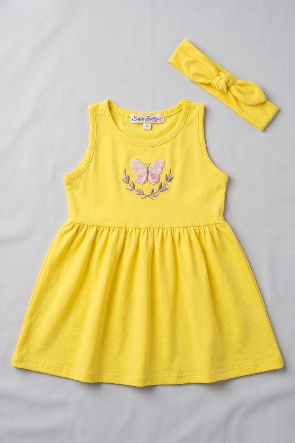 Yellow Butterfly Print With Hair Band Frock For Girls