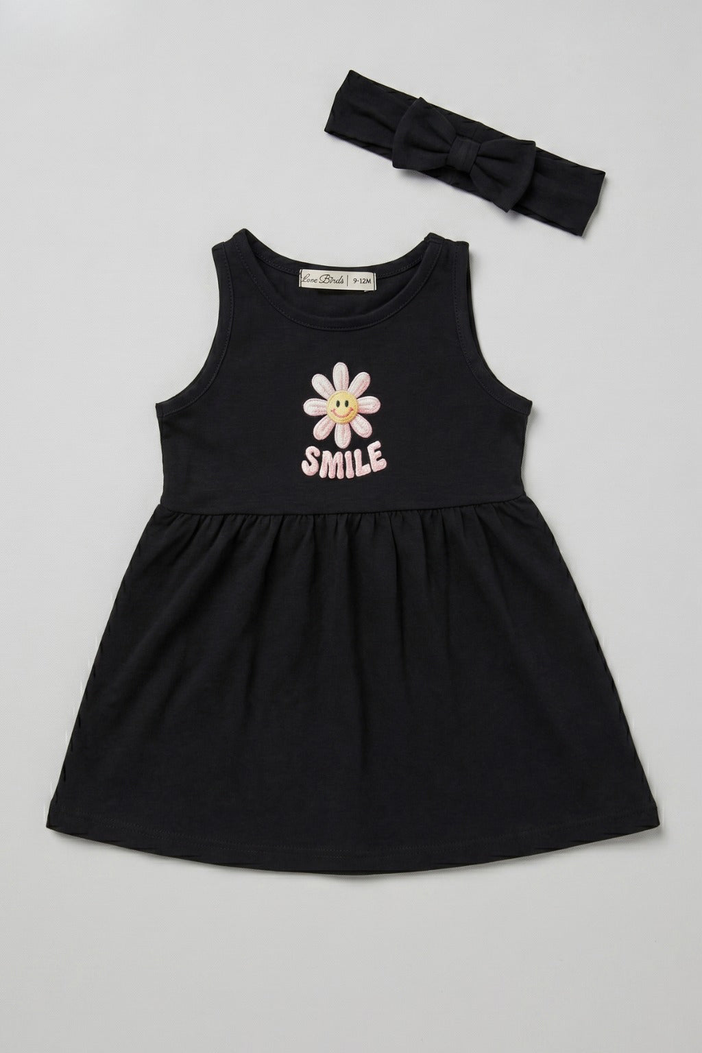 Black Smile Print With Hair Band Frock For Girls