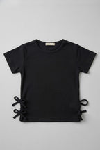 Black Plain Drop Niddle Fabric Fril T-shirt Top For Girls