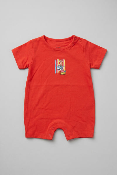 Orange Tom & Jerry Print Half Body Romper For Boys