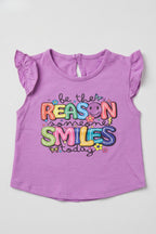 Purple Reason Print Fril Sleeves T-shirt Top For Girls