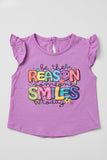 Purple Reason Print Fril Sleeves T-shirt Top For Girls