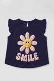 Navy Blue Smile Print Fril Sleeves T-shirt Top For Girls