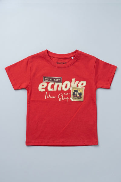 Red Ecnoke Print Half Sleeves T-Shirt For Boys