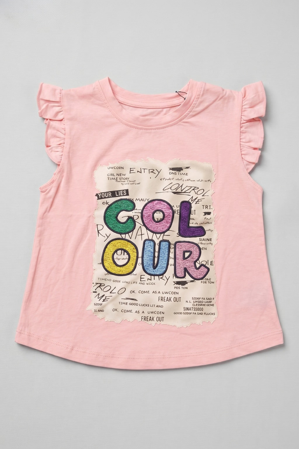 Pink Colour Print Fril Sleeves T-shirt Top For Girls