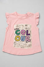 Pink Colour Print Fril Sleeves T-shirt Top For Girls