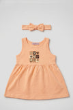 Peach Hearts Print With Hair Band Frock For Girls