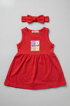 Red Anamontee Flowers Print With Hair Band Frock For Girls