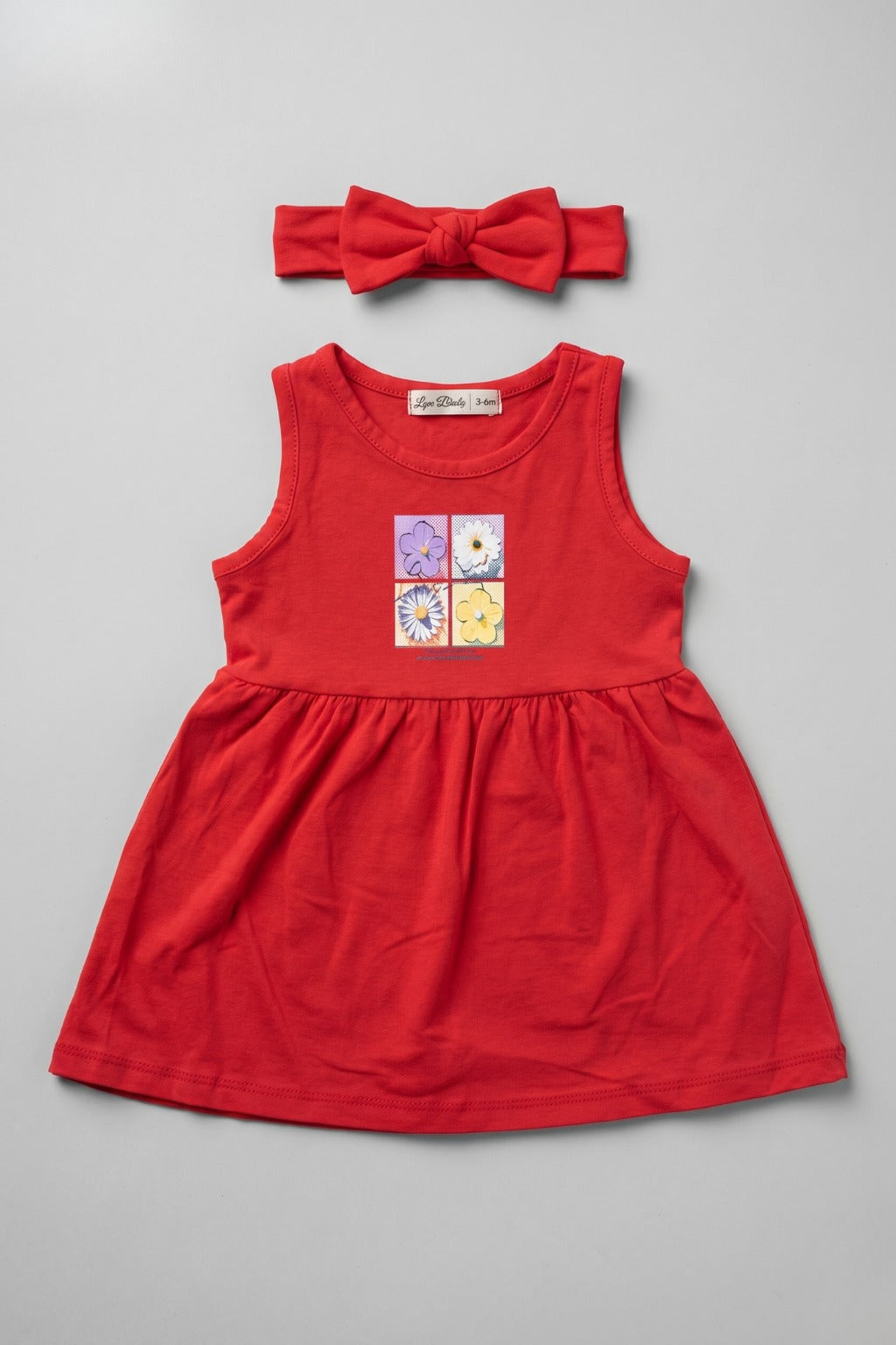 Red Anamontee Flowers Print With Hair Band Frock For Girls