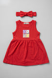 Red Anamontee Flowers Print With Hair Band Frock For Girls
