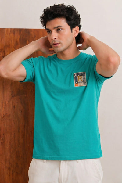 Sky Blue "R" Print T-Shirt For Men