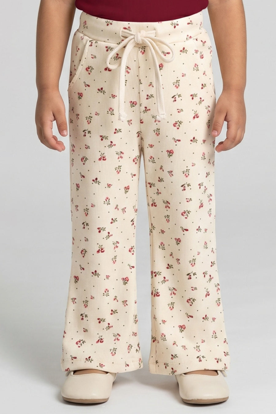 Cream With Maroon Flowers Print Flapper For Girls