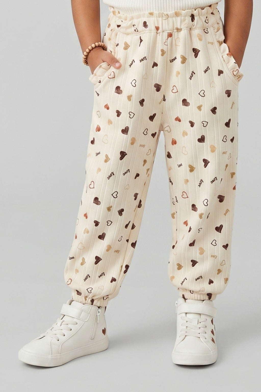 Yellow Heart Love Print Pockets Pajama For Girls