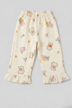 Light Yellow Teddy Bear Print Flapper For Girls