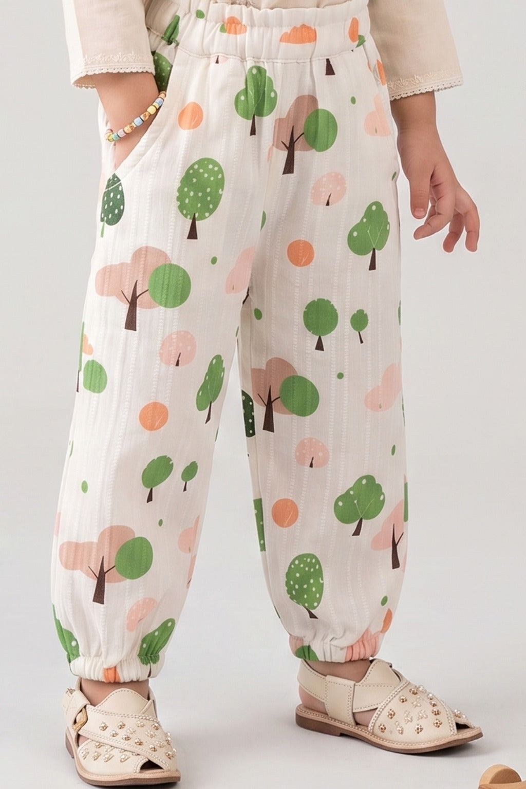 White Trees Print Pocket Pajama For Girls