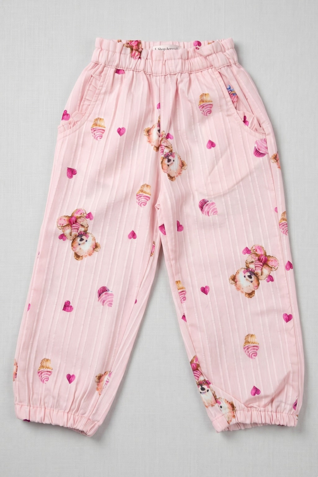 Pink Teddy Heart Print Pocket Pajama For Girls